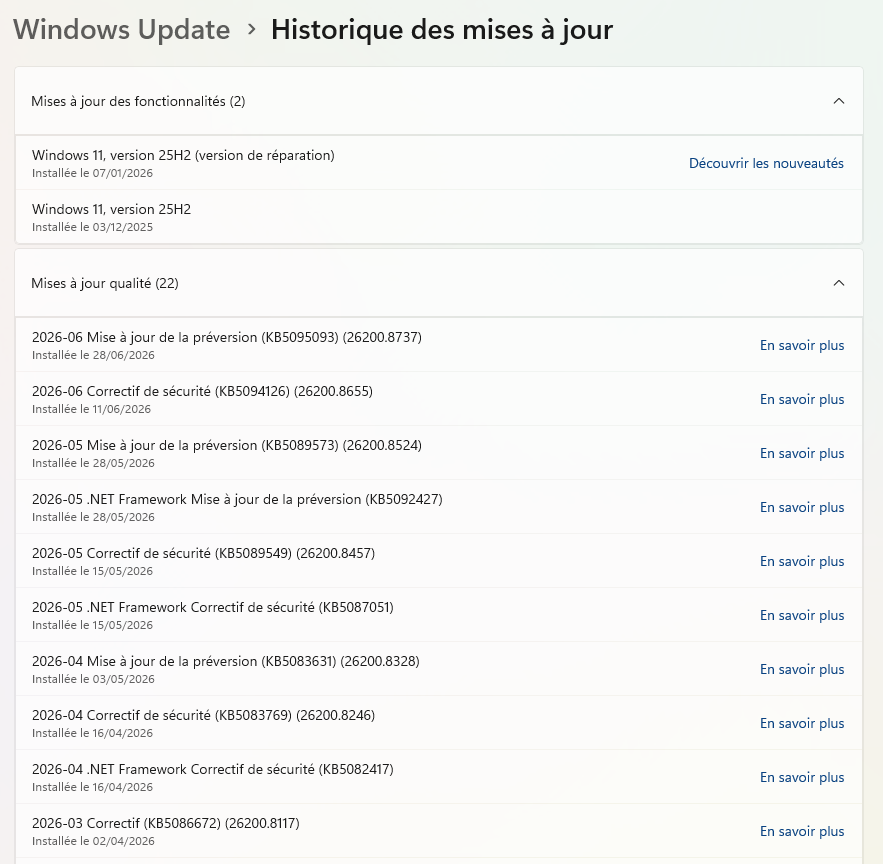 Seniorpc78_Windows11_Historique Historique mise à jour windows11 de mon PC